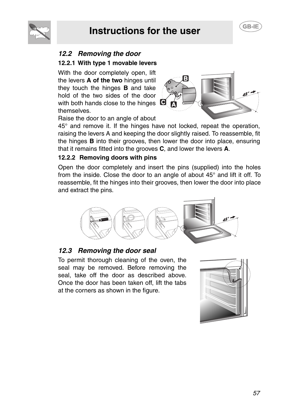 2 removing the door, 3 removing the door seal, Instructions for the user | Smeg FC66B User Manual | Page 25 / 30