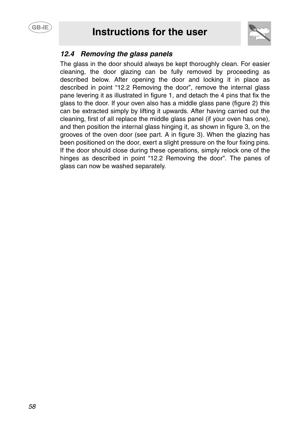 4 removing the glass panels, Instructions for the user | Smeg FC66B User Manual | Page 26 / 30