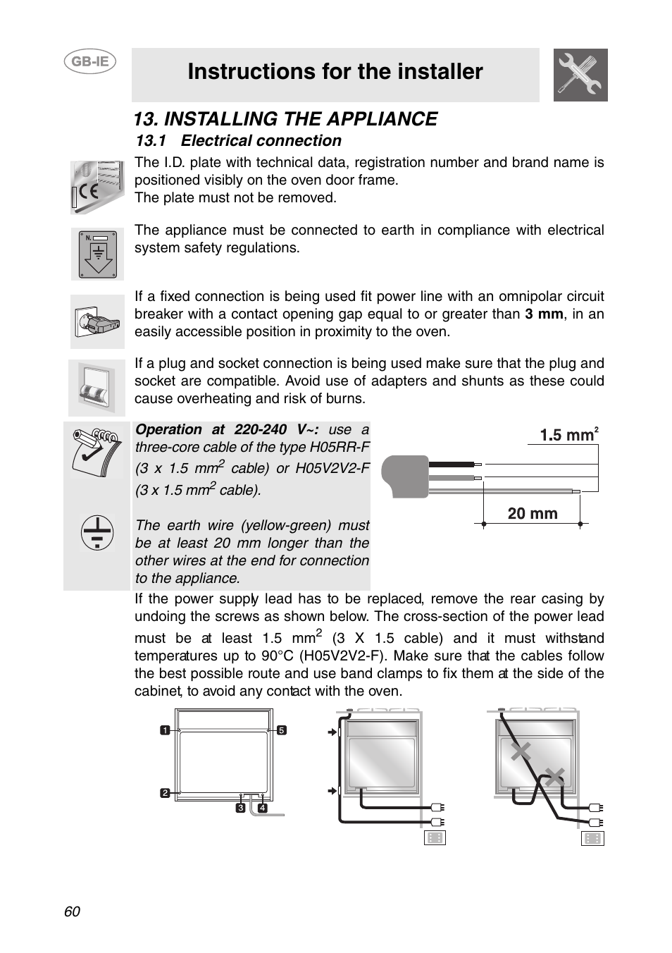 Installing the appliance, 1 electrical connection, Instructions for the installer | Smeg FC66B User Manual | Page 28 / 30