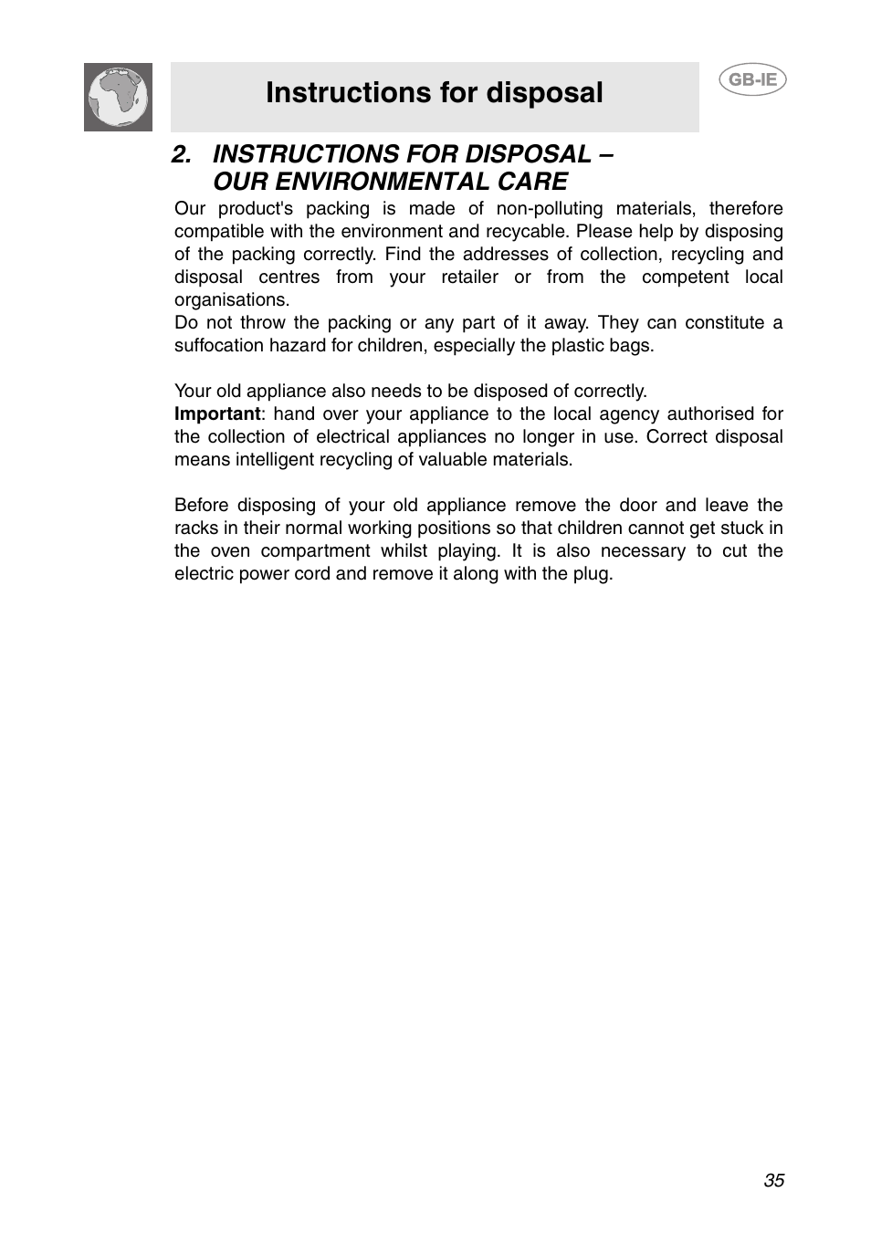 Instructions for disposal - our environmental care, Instructions for disposal | Smeg FC66B User Manual | Page 3 / 30