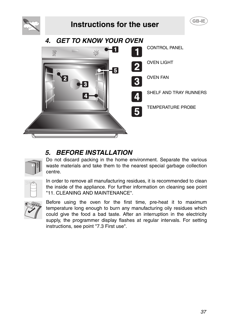 Get to know your oven, Before installation, Instructions for the user | Get to know your oven 5. before installation | Smeg FC66B User Manual | Page 5 / 30