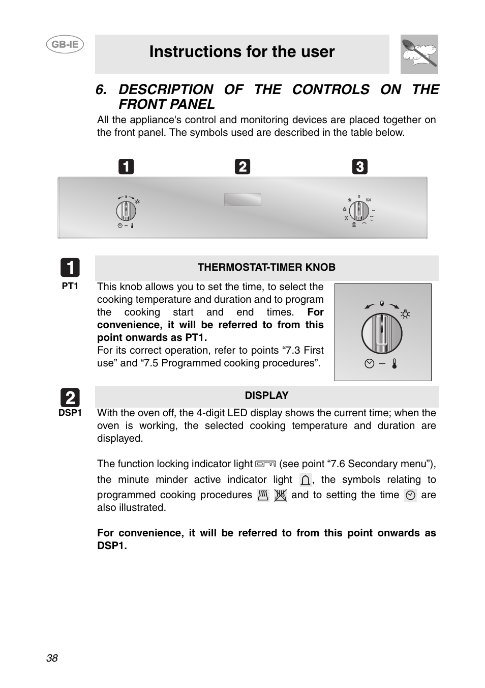 Description of the controls on the front panel, Instructions for the user | Smeg FC66B User Manual | Page 6 / 30