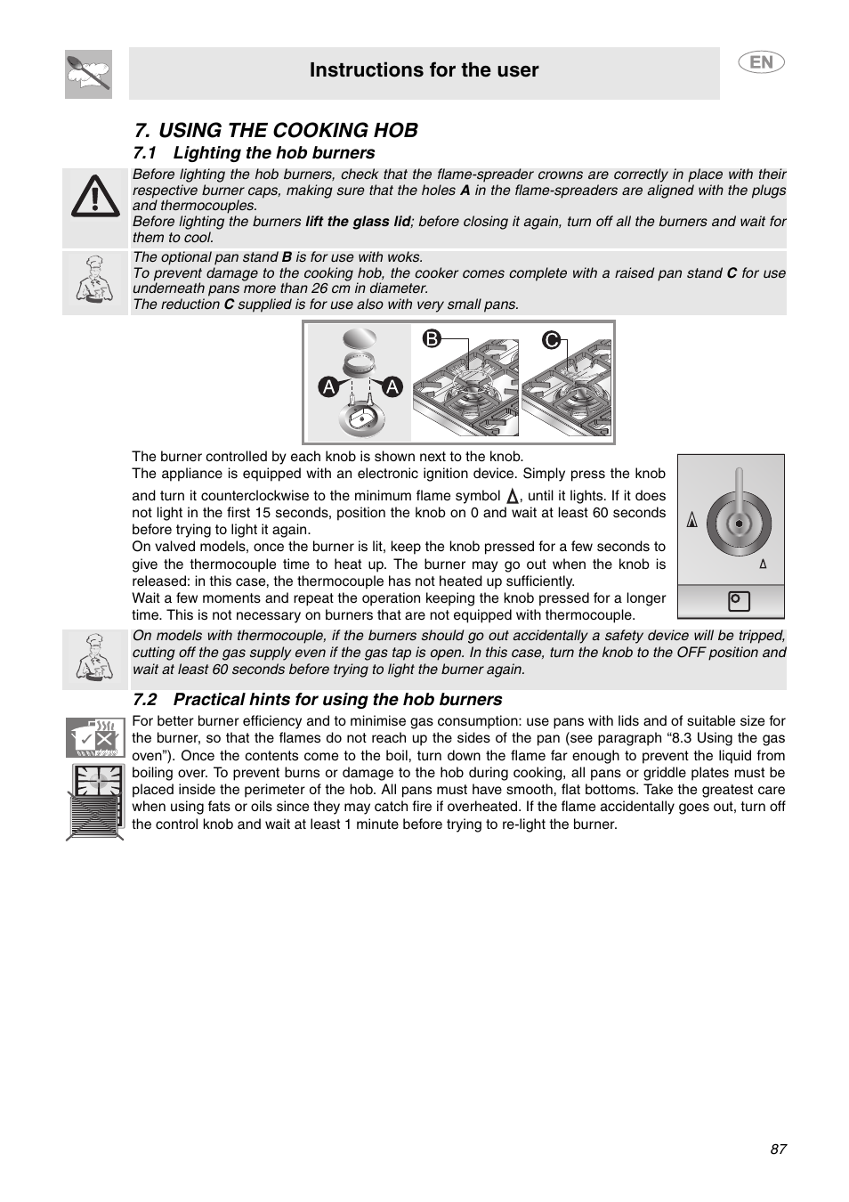 Using the cooking hob, 1 lighting the hob burners, 2 practical hints for using the hob burners | Instructions for the user | Smeg C6GVXI User Manual | Page 16 / 23