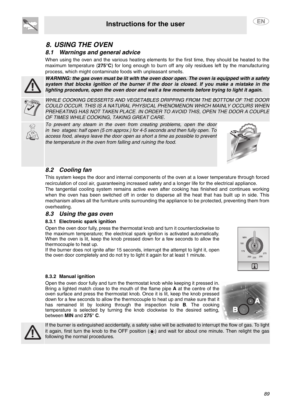 Using the oven, 1 warnings and general advice, 2 cooling fan | 3 using the gas oven, 1 electronic spark ignition, 2 manual ignition, Instructions for the user | Smeg C6GVXI User Manual | Page 18 / 23