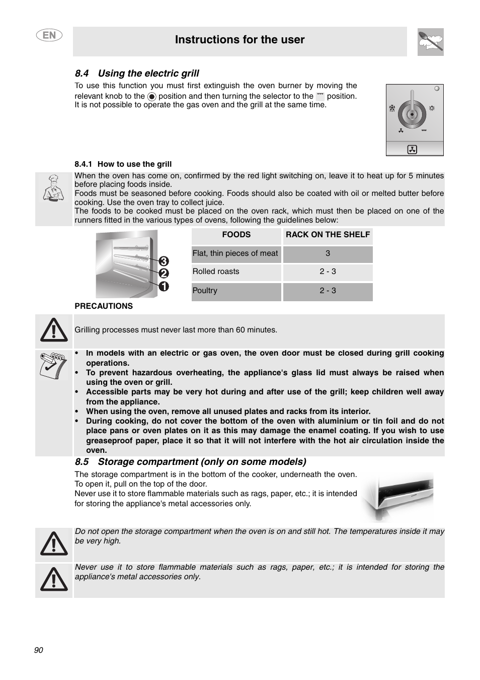 4 using the electric grill, 1 how to use the grill, 5 storage compartment (only on some models) | Instructions for the user | Smeg C6GVXI User Manual | Page 19 / 23
