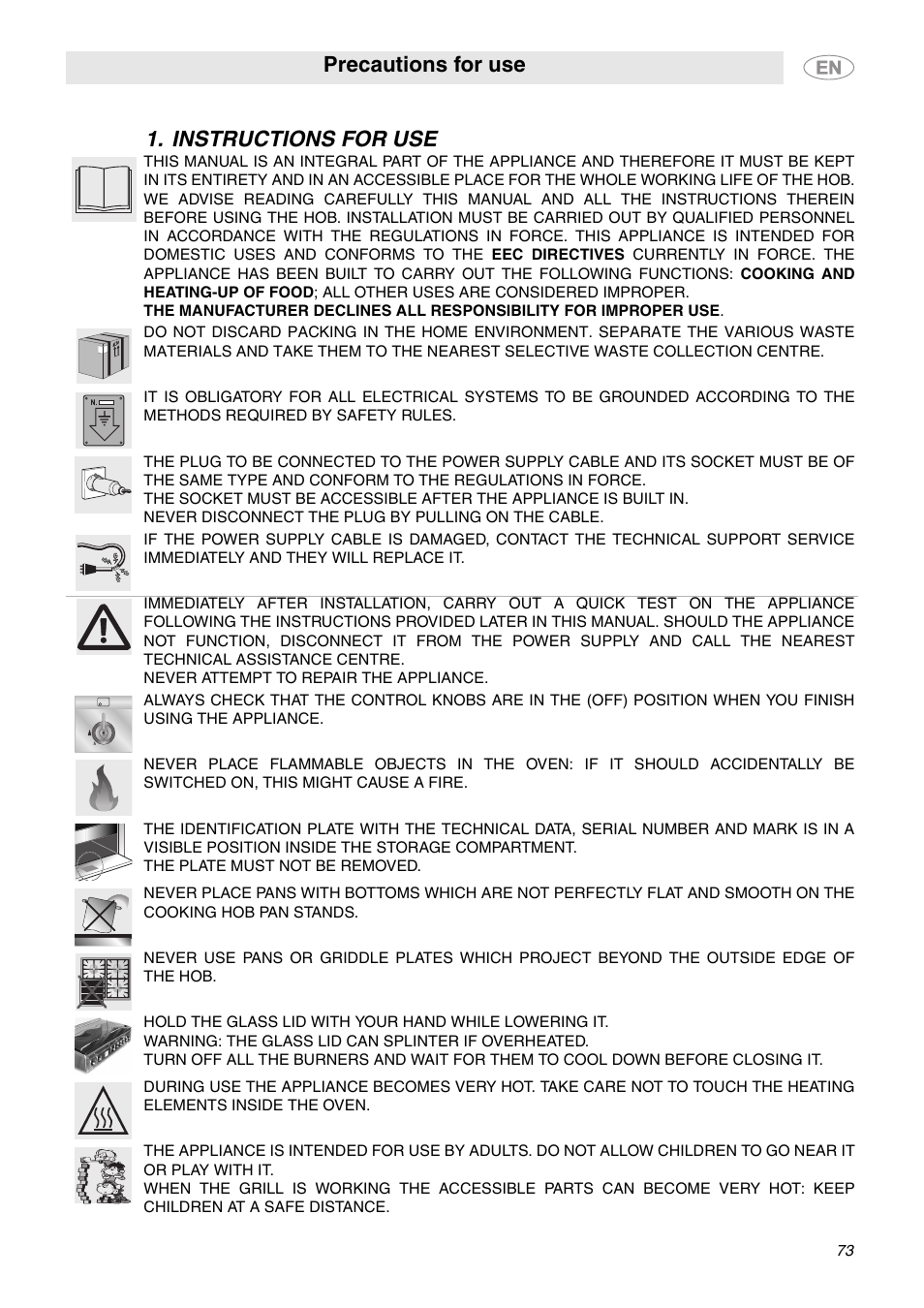 Instructions for use, Precautions for use | Smeg C6GVXI User Manual | Page 2 / 23