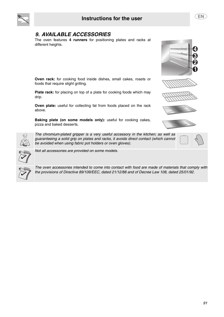 Available accessories, Instructions for the user | Smeg C6GVXI User Manual | Page 20 / 23