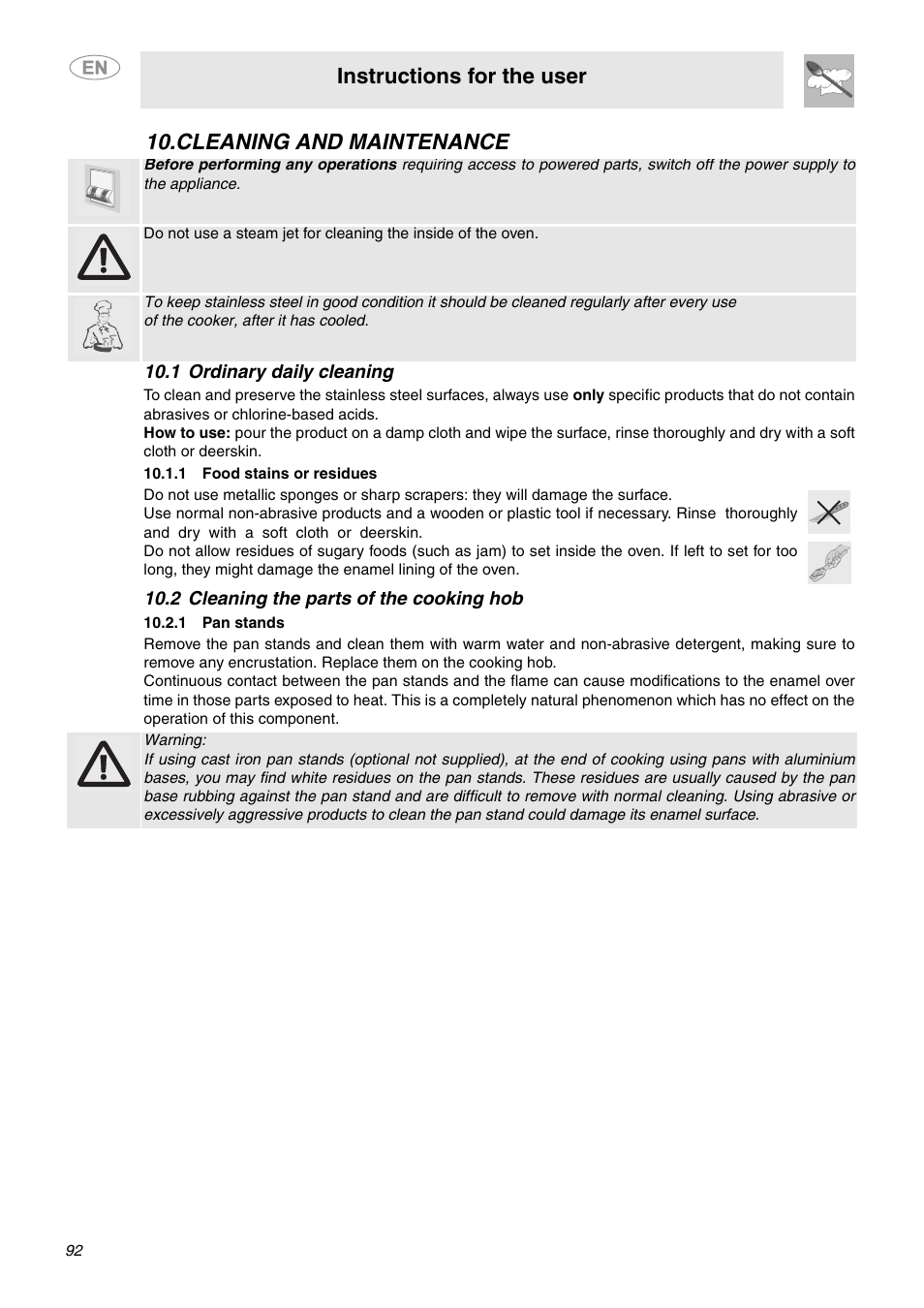 Cleaning and maintenance, 1 ordinary daily cleaning, 1 food stains or residues | 2 cleaning the parts of the cooking hob, 1 pan stands, Instructions for the user | Smeg C6GVXI User Manual | Page 21 / 23