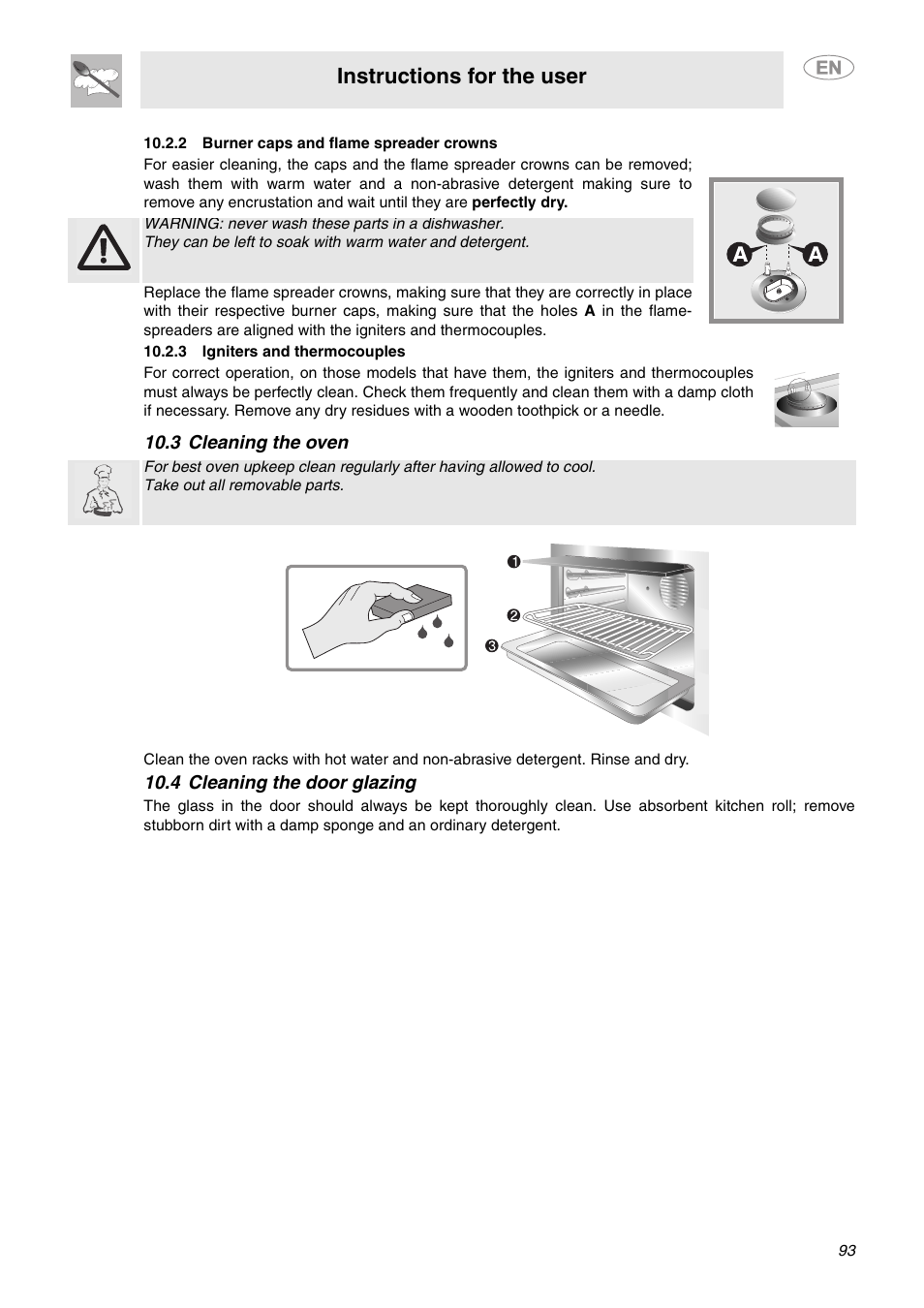 2 burner caps and flame spreader crowns, 3 igniters and thermocouples, 3 cleaning the oven | 4 cleaning the door glazing, Instructions for the user | Smeg C6GVXI User Manual | Page 22 / 23