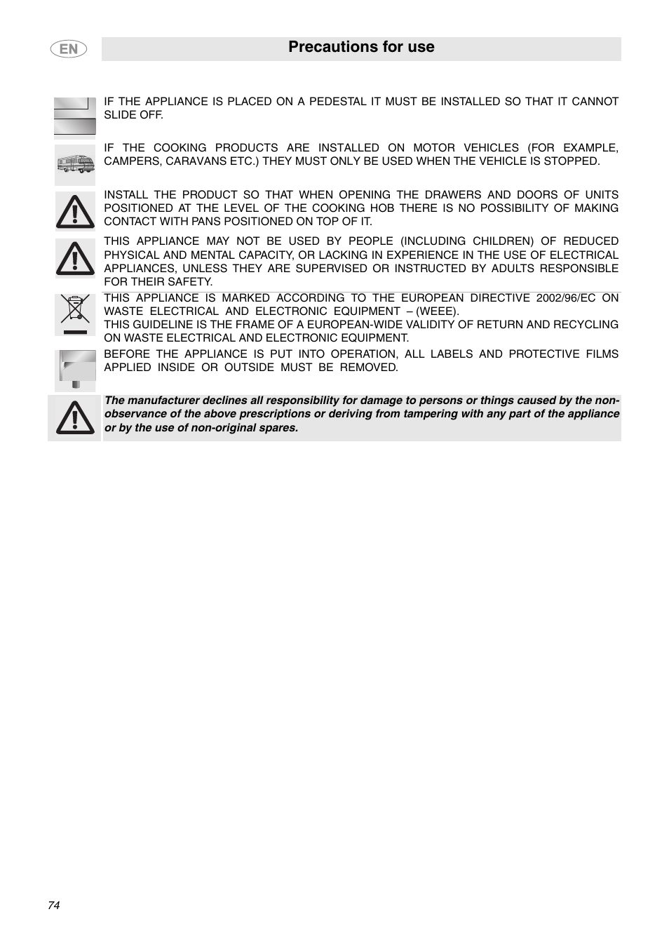 Precautions for use | Smeg C6GVXI User Manual | Page 3 / 23