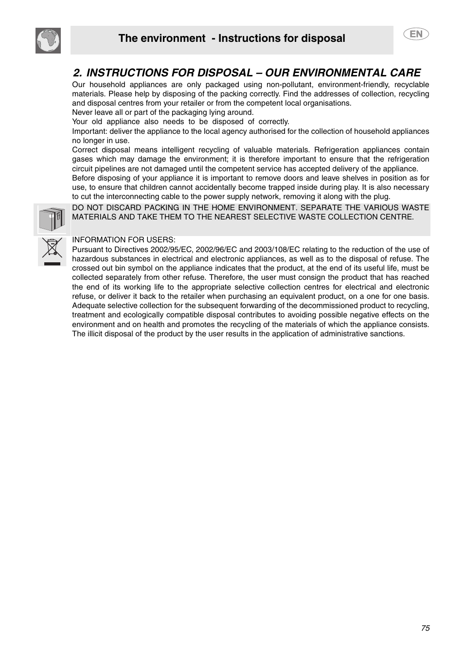 Instructions for disposal – our environmental care, The environment - instructions for disposal | Smeg C6GVXI User Manual | Page 4 / 23