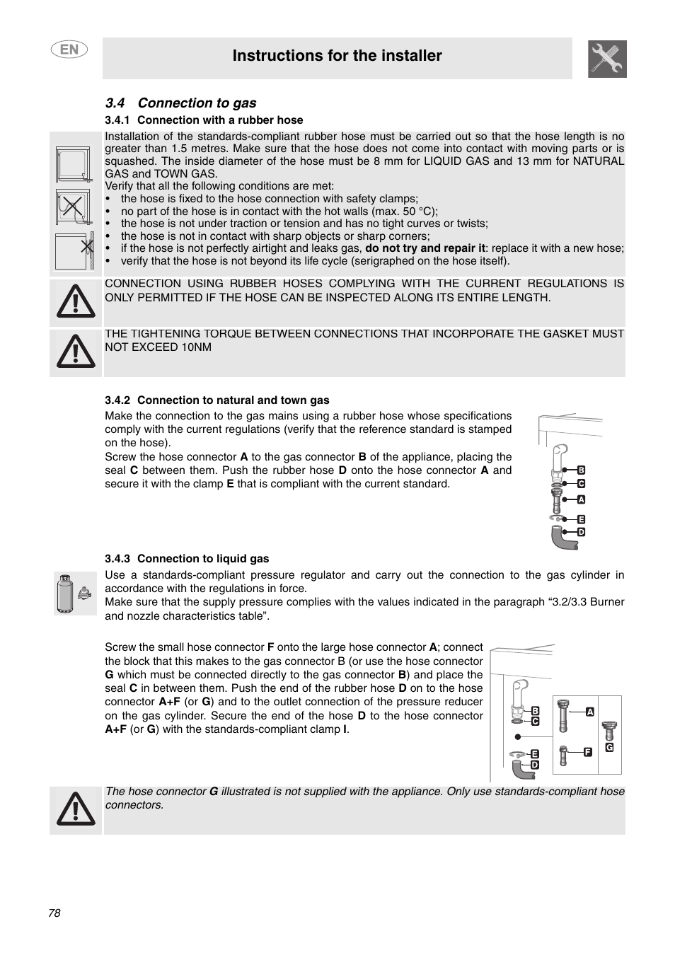 4 connection to gas, 1 connection with a rubber hose, 2 connection to natural and town gas | 3 connection to liquid gas, Instructions for the installer | Smeg C6GVXI User Manual | Page 7 / 23