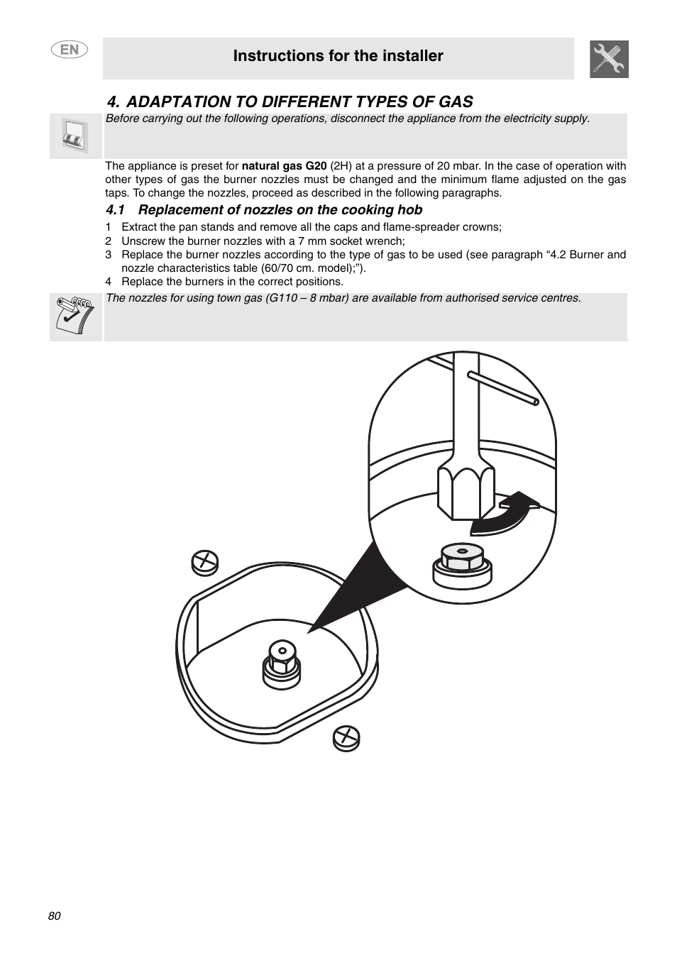 Adaptation to different types of gas, 1 replacement of nozzles on the cooking hob, 4 replace the burners in the correct positions | Instructions for the installer | Smeg C6GVXI User Manual | Page 9 / 23