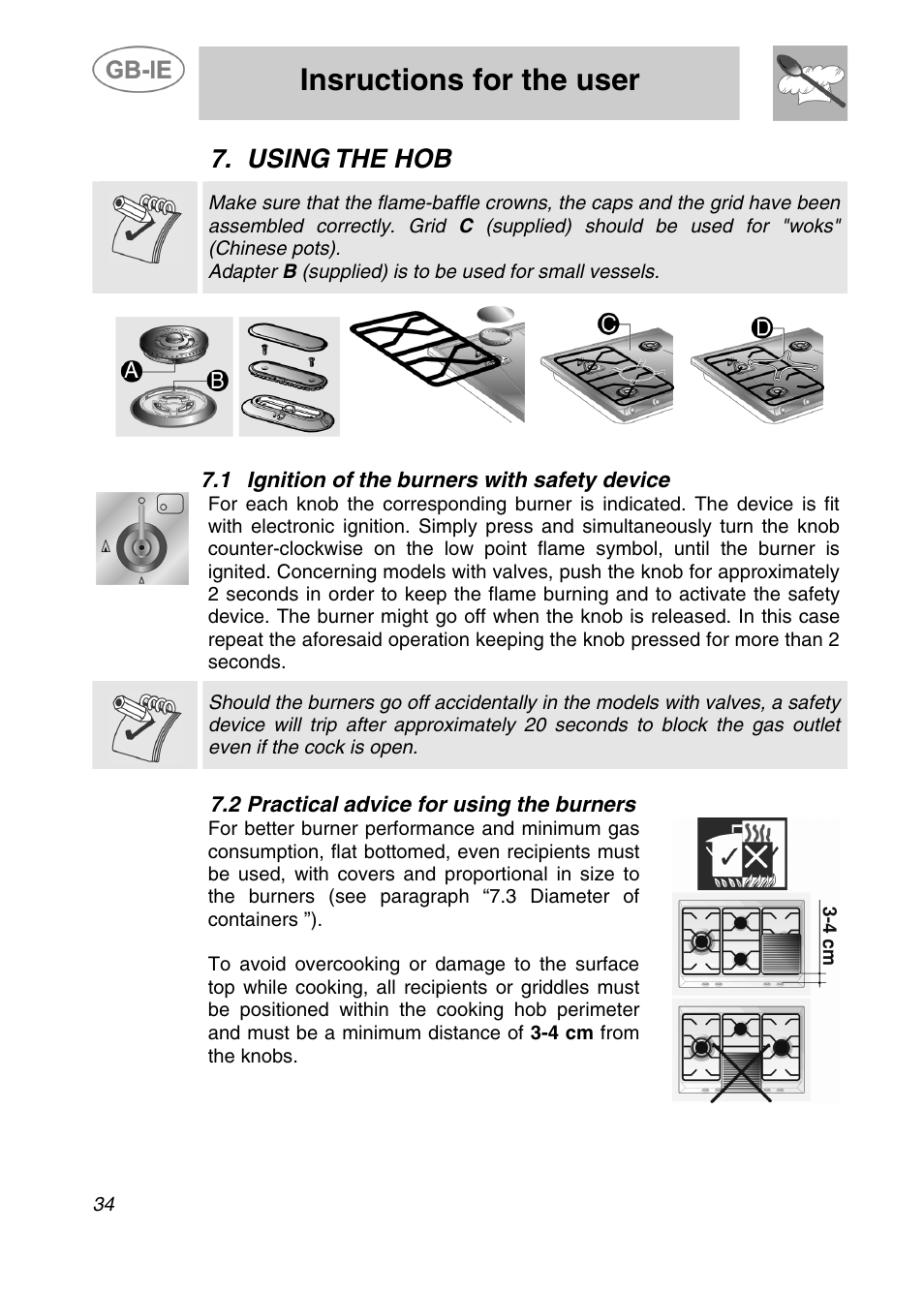 Insructions for the user, Using the hob, 1 ignition of the burners with safety device | 2 practical advice for using the burners | Smeg 3EM-375N User Manual | Page 14 / 16