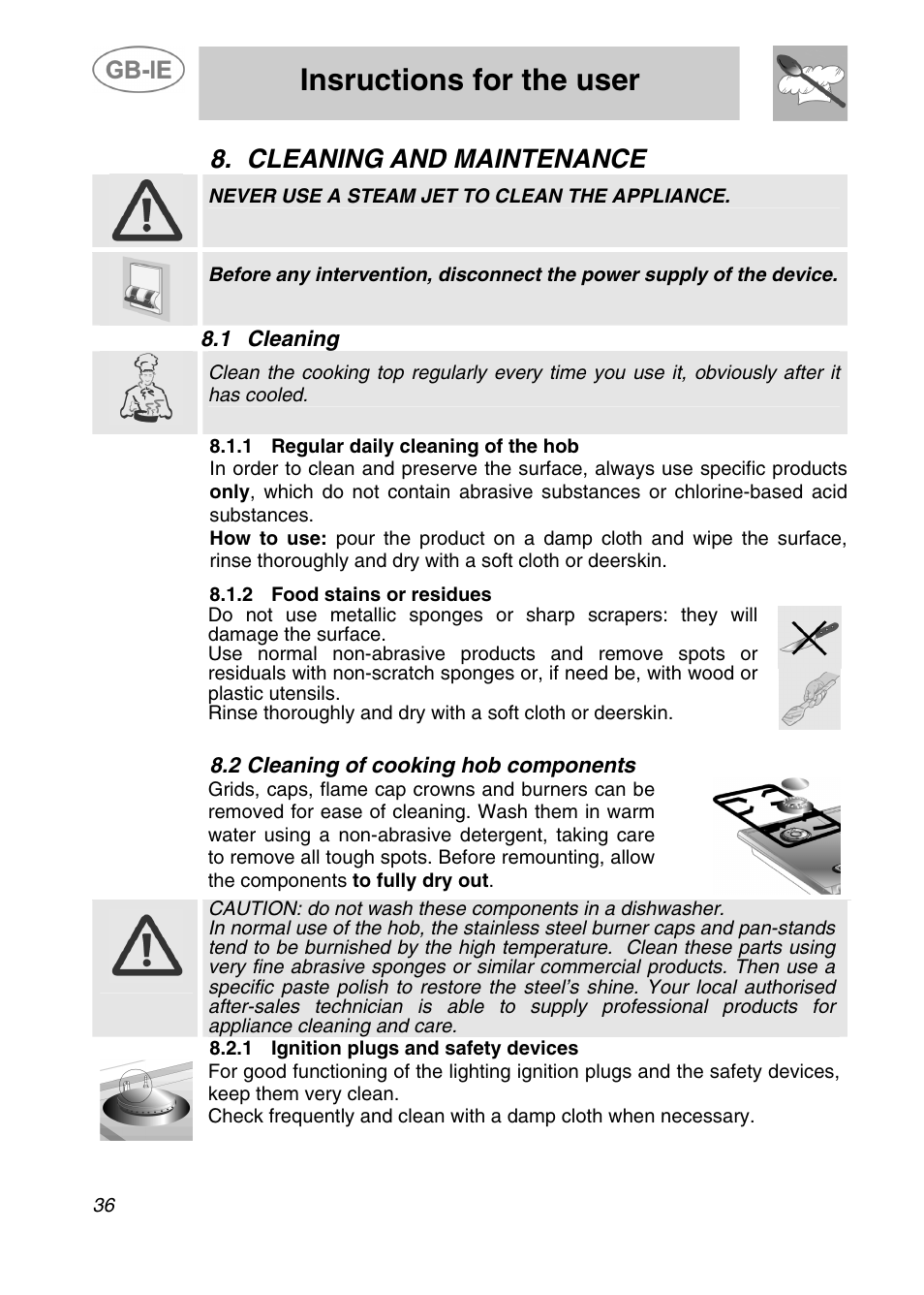 Insructions for the user, Cleaning and maintenance, 1 cleaning | 2 cleaning of cooking hob components | Smeg 3EM-375N User Manual | Page 16 / 16