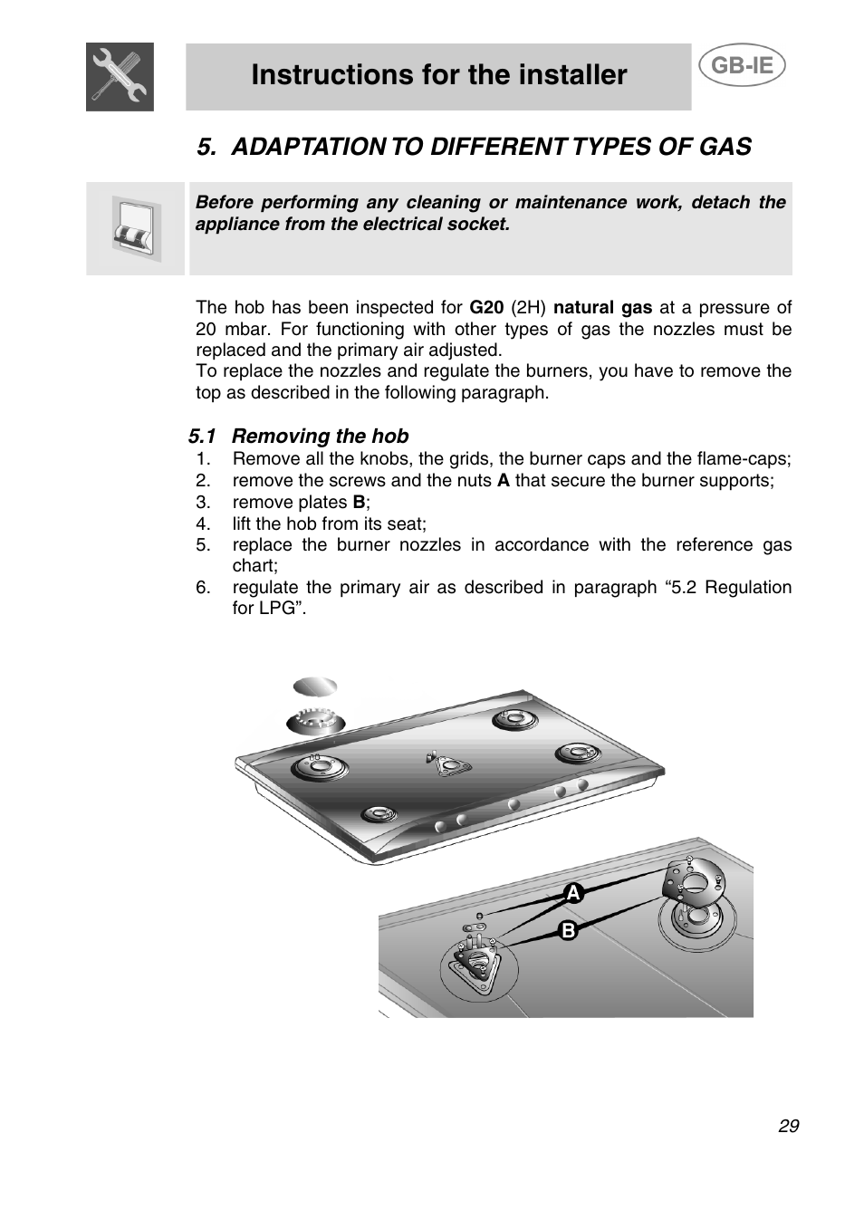 Instructions for the installer, Adaptation to different types of gas | Smeg 3EM-375N User Manual | Page 9 / 16