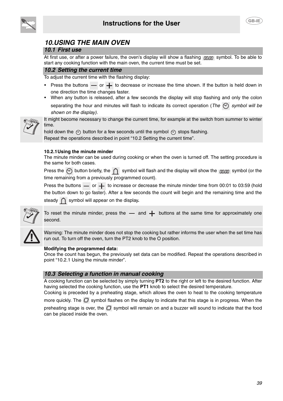 Using the main oven, 1 first use, 2 setting the current time | 1 using the minute minder, 3 selecting a function in manual cooking, Instructions for the user | Smeg CE6IMX User Manual | Page 10 / 27