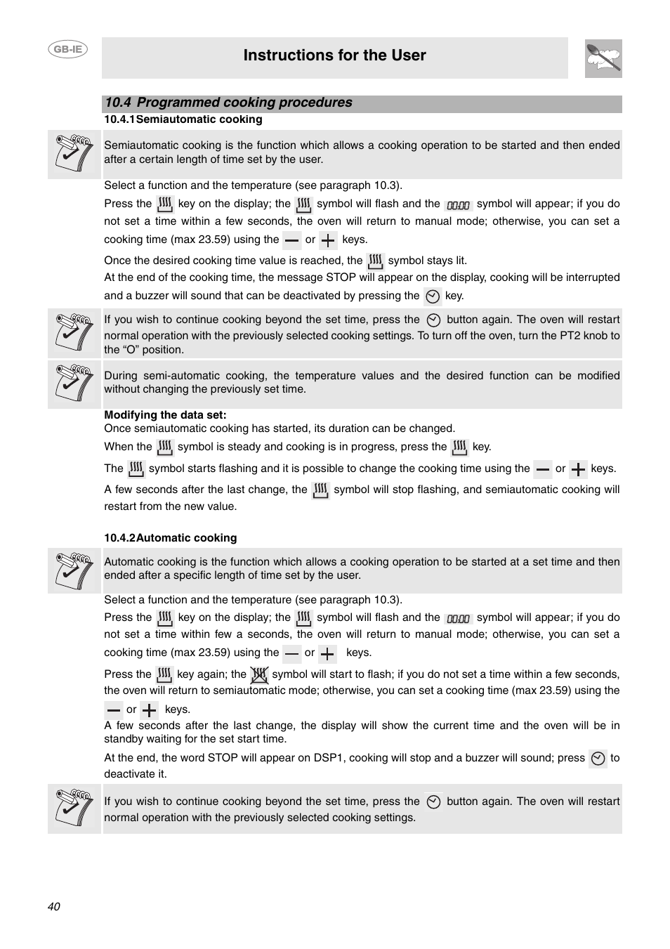 4 programmed cooking procedures, 1 semiautomatic cooking, 2 automatic cooking | Instructions for the user | Smeg CE6IMX User Manual | Page 11 / 27