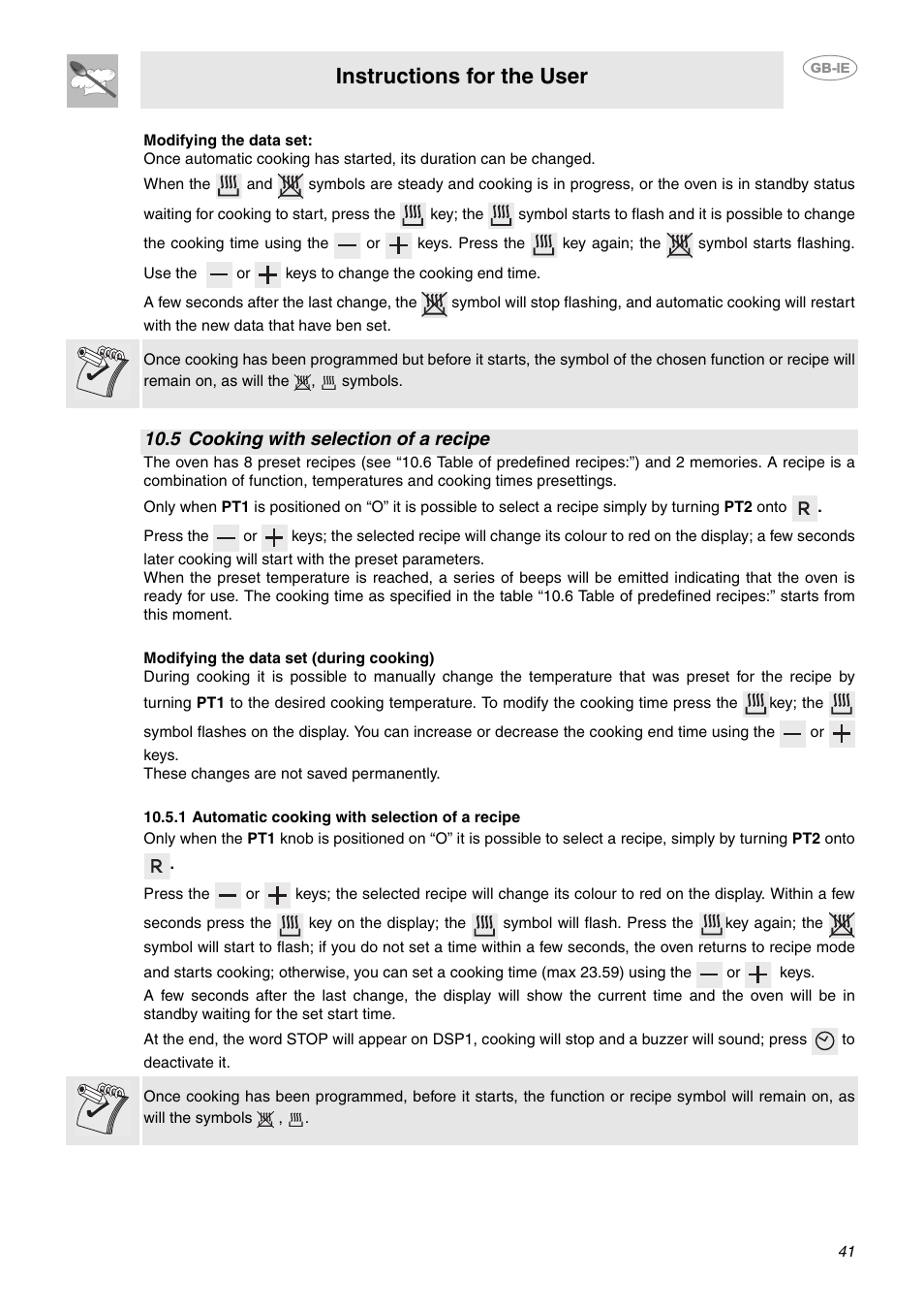 5 cooking with selection of a recipe, 1 automatic cooking with selection of a recipe, Instructions for the user | Smeg CE6IMX User Manual | Page 12 / 27