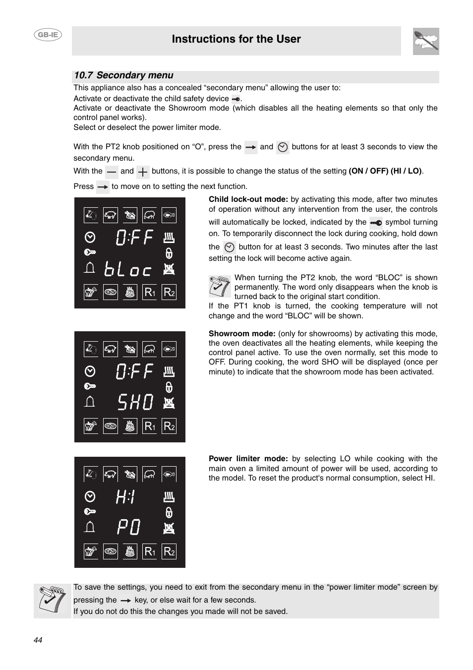 7 secondary menu, Instructions for the user | Smeg CE6IMX User Manual | Page 15 / 27