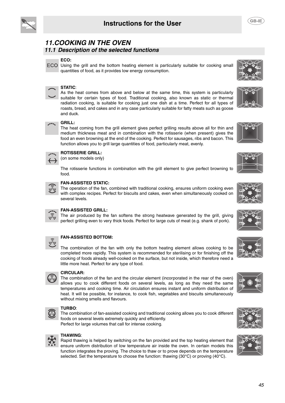 Cooking in the oven, 1 description of the selected functions, Instructions for the user | Smeg CE6IMX User Manual | Page 16 / 27