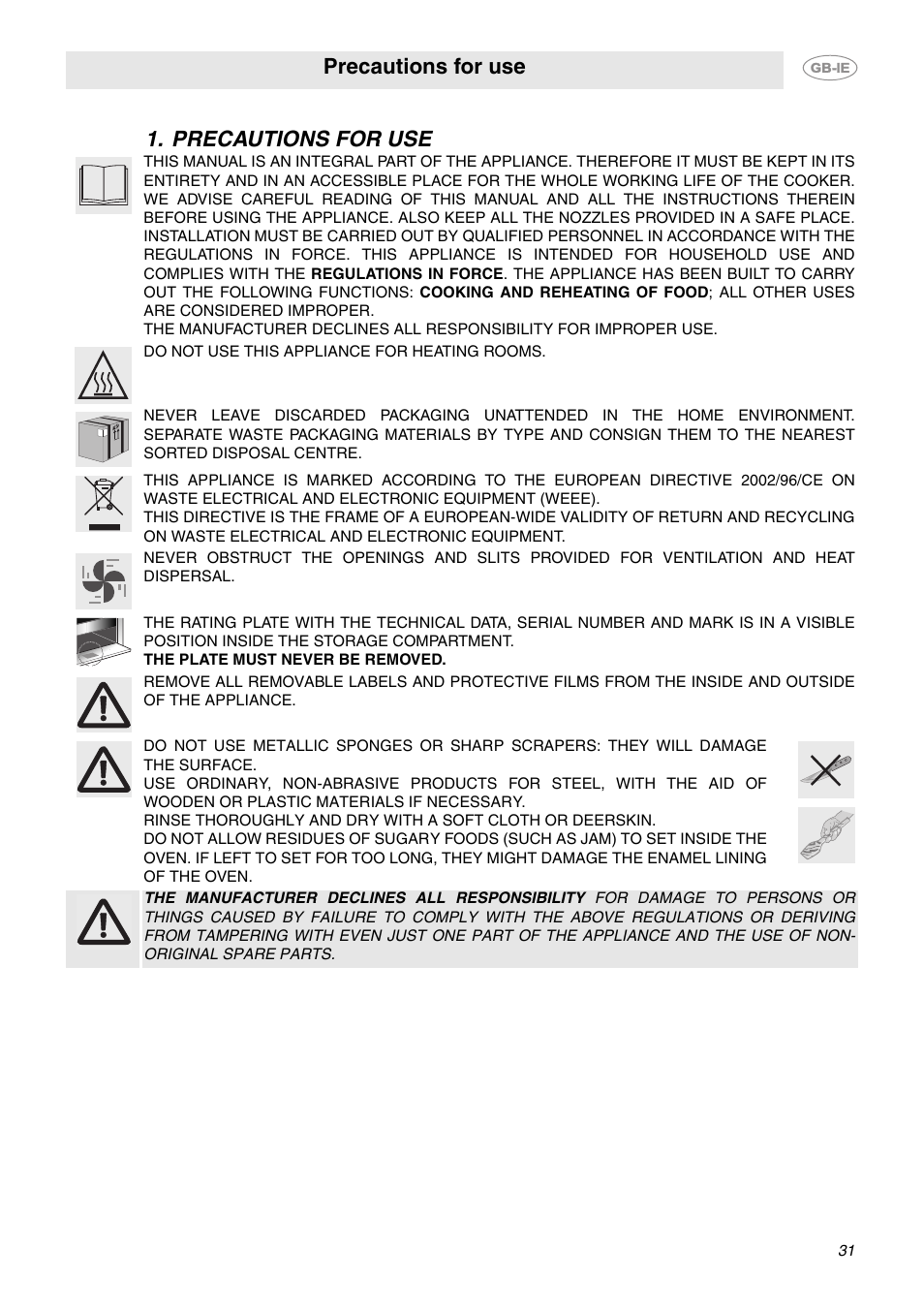 Precautions for use | Smeg CE6IMX User Manual | Page 2 / 27