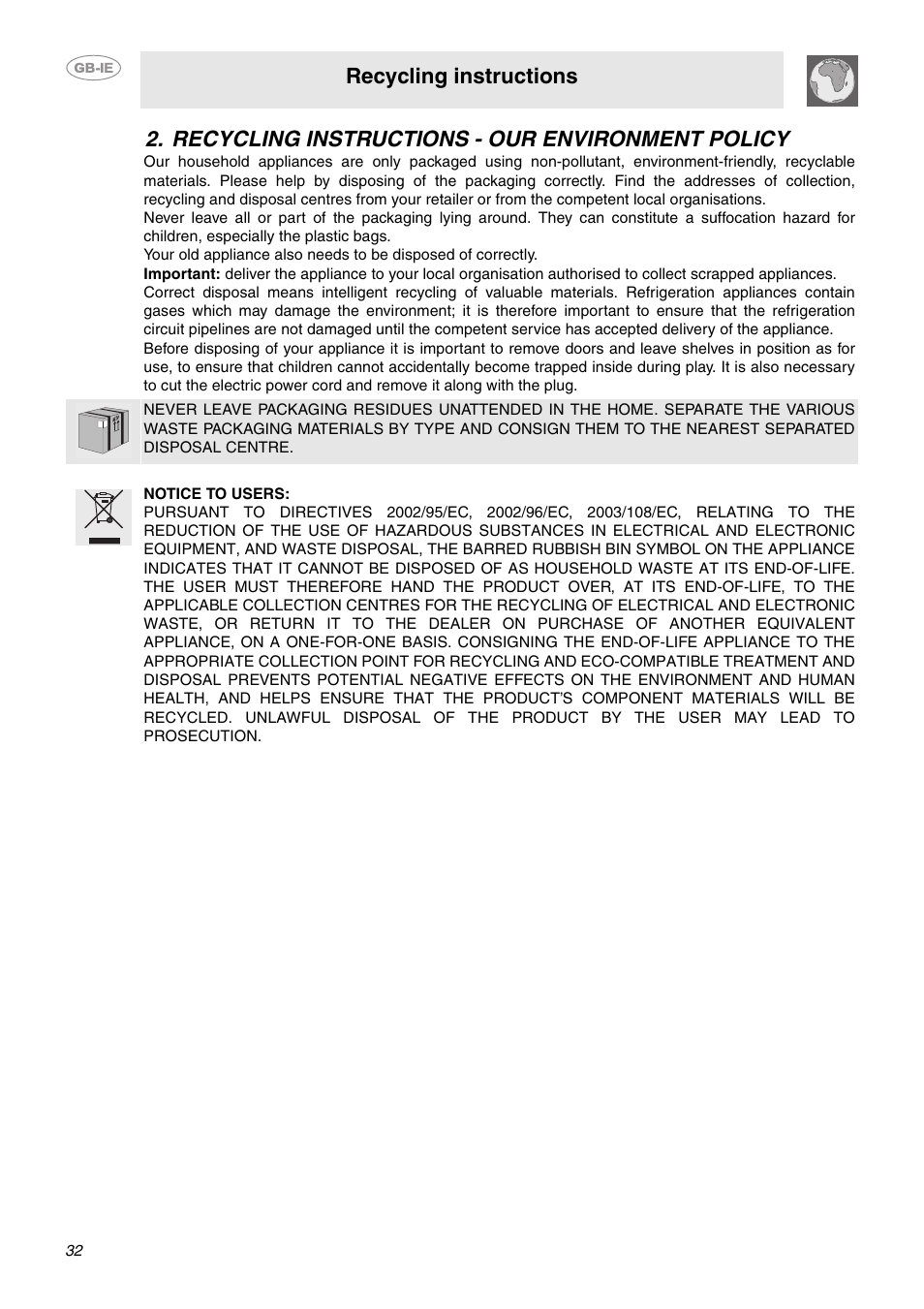 Recycling instructions - our environment policy, Recycling instructions | Smeg CE6IMX User Manual | Page 3 / 27