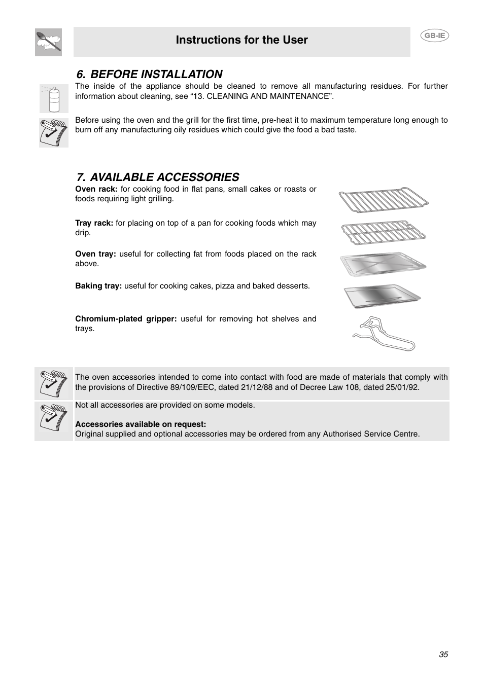 Before installation, Available accessories, Instructions for the user | Before installation 7. available accessories | Smeg CE6IMX User Manual | Page 6 / 27