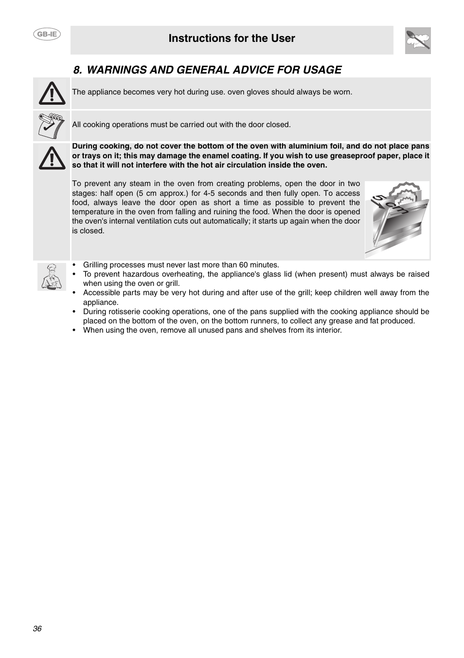 Warnings and general advice for usage, Instructions for the user | Smeg CE6IMX User Manual | Page 7 / 27