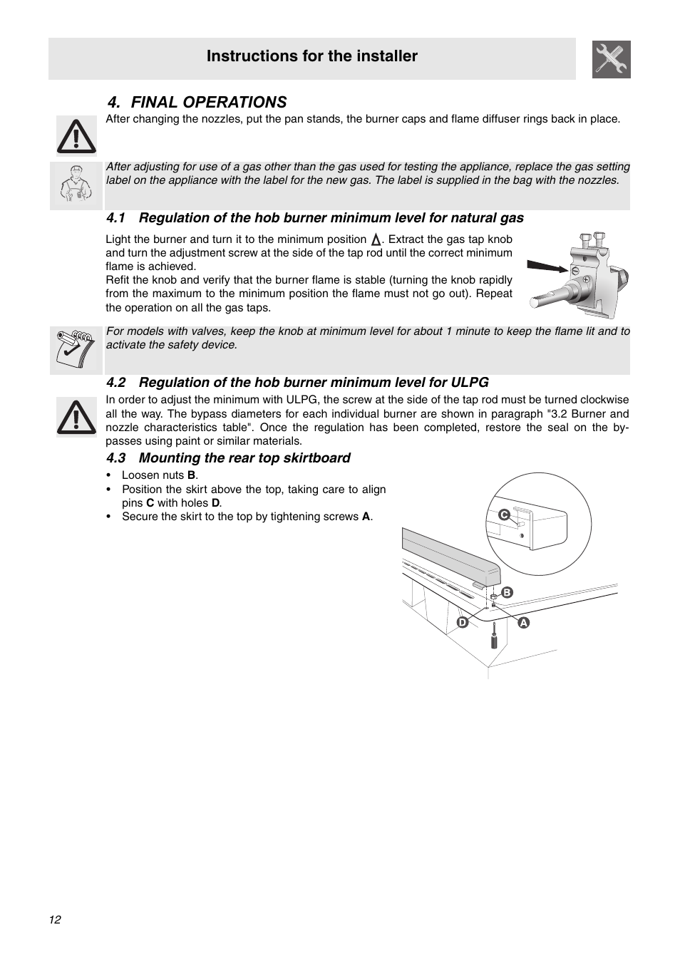 Final operations, 3 mounting the rear top skirtboard, Instructions for the installer | Smeg C9GMXA User Manual | Page 10 / 22