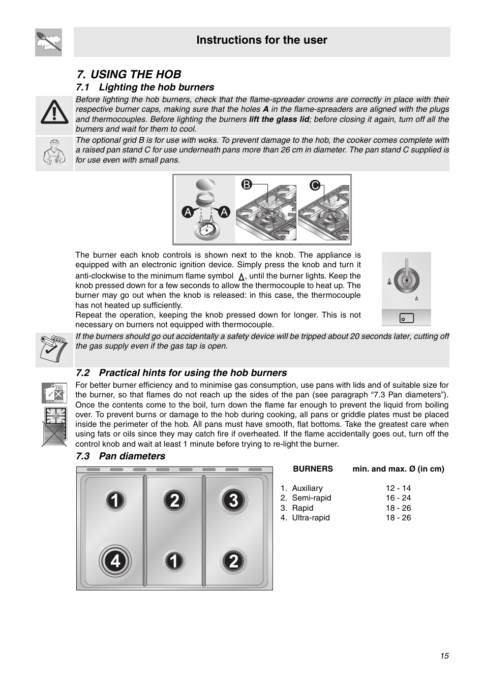 Using the hob, 1 lighting the hob burners, 2 practical hints for using the hob burners | 3 pan diameters, Instructions for the user | Smeg C9GMXA User Manual | Page 13 / 22