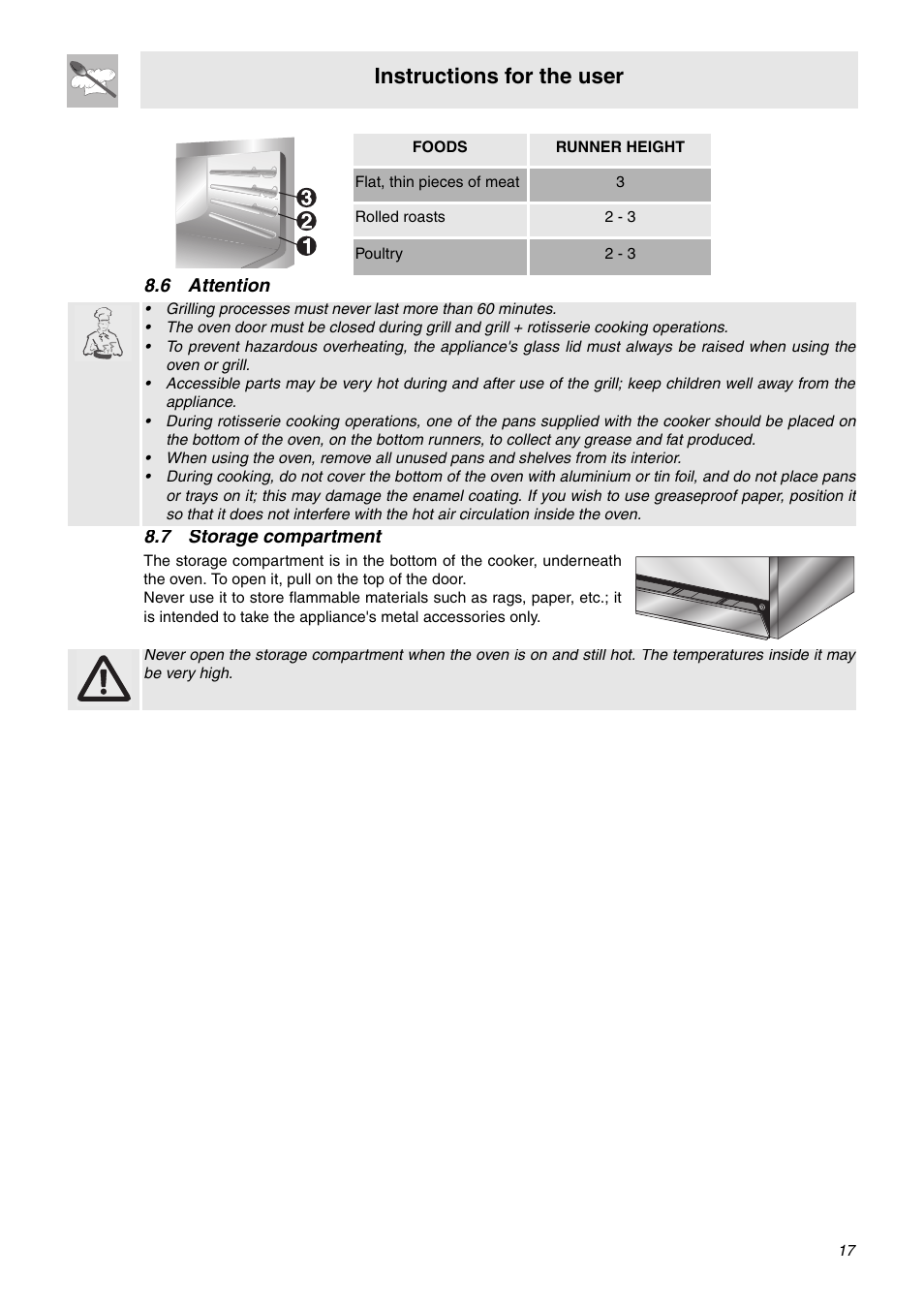 6 attention, 7 storage compartment, Instructions for the user | Smeg C9GMXA User Manual | Page 15 / 22