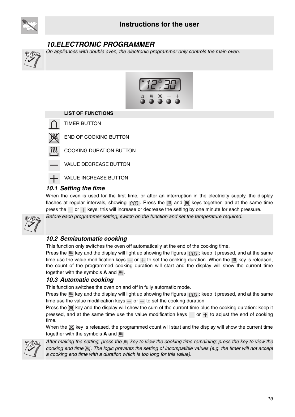 Electronic programmer, 1 setting the time, 2 semiautomatic cooking | 3 automatic cooking, Electr, Instructions for the user | Smeg C9GMXA User Manual | Page 17 / 22