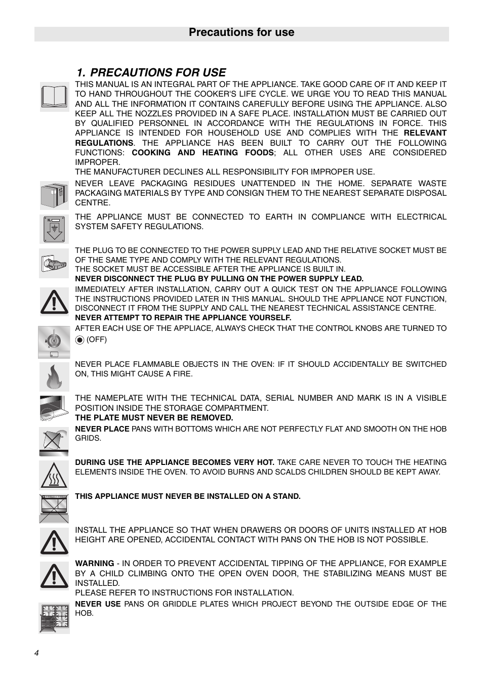 Precautions for use | Smeg C9GMXA User Manual | Page 2 / 22