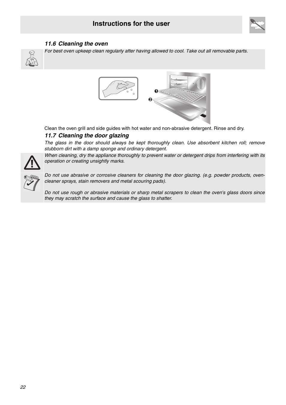 6 cleaning the oven, 7 cleaning the door glazing, Instructions for the user | Smeg C9GMXA User Manual | Page 20 / 22