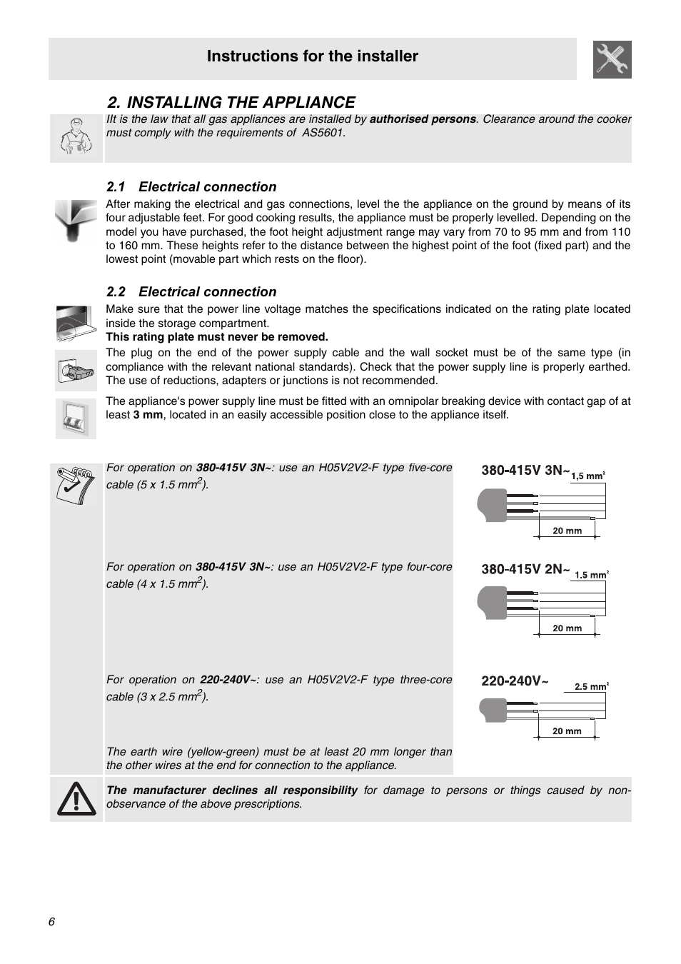 Installing the appliance, 1 electrical connection, 2 electrical connection | Instructions for the installer | Smeg C9GMXA User Manual | Page 4 / 22