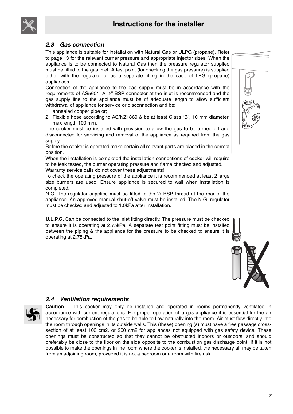 3 gas connection, 1 annealed copper pipe or, 4 ventilation requirements | Instructions for the installer | Smeg C9GMXA User Manual | Page 5 / 22