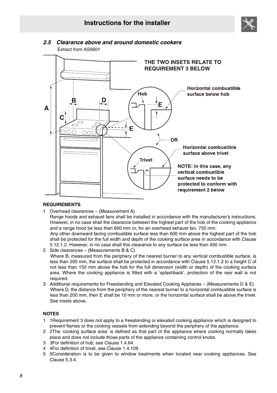 5 clearance above and around domestic cookers, 1 overhead clearances - (measurement a), 2 side clearances - (measurements b & c) | 3 3 for definition of hob, see clause 1.4.64, 4 4 for definition of trivet, see clause 1.4.109, Instructions for the installer | Smeg C9GMXA User Manual | Page 6 / 22