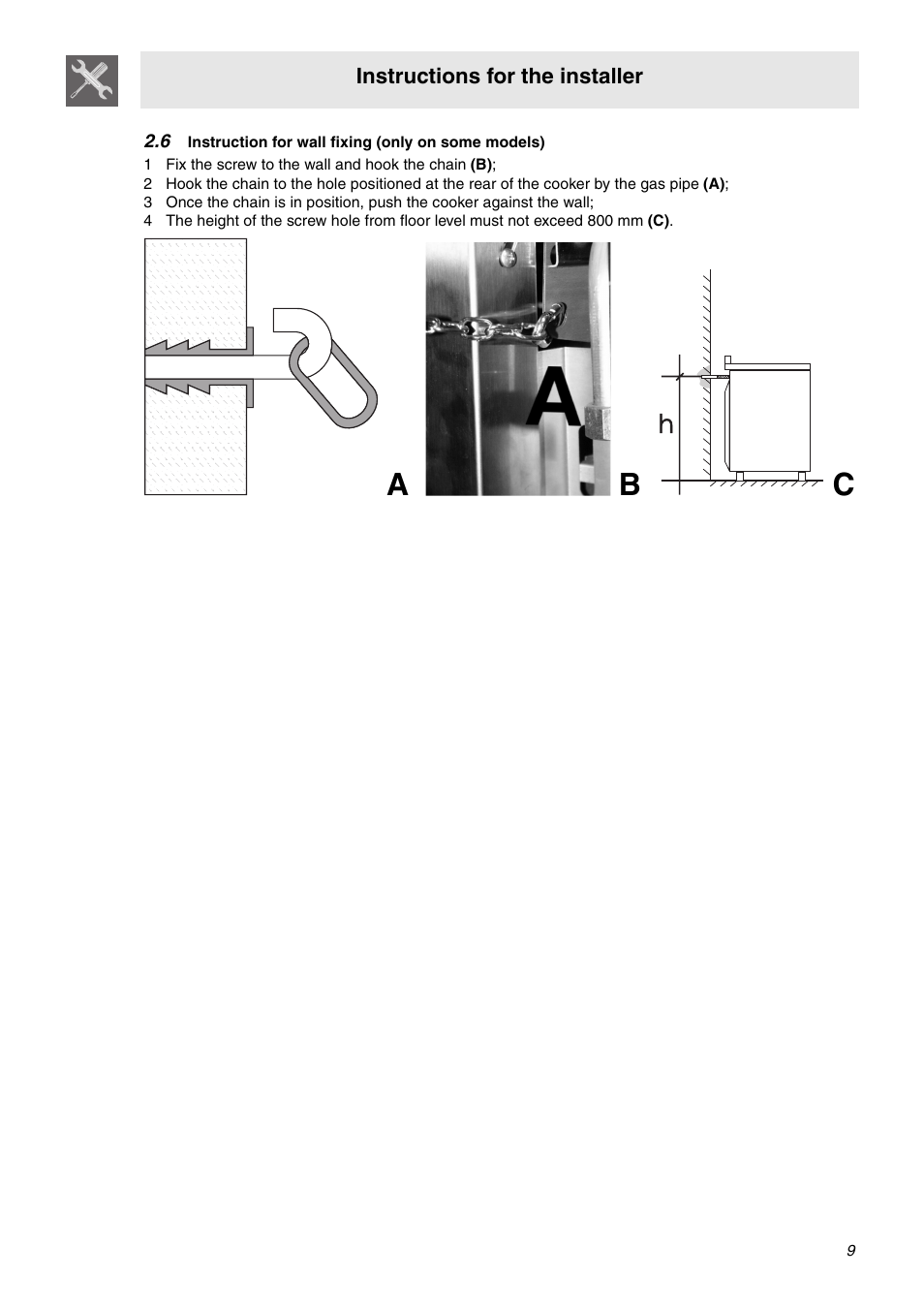 1 fix the screw to the wall and hook the chain (b), Ab c | Smeg C9GMXA User Manual | Page 7 / 22