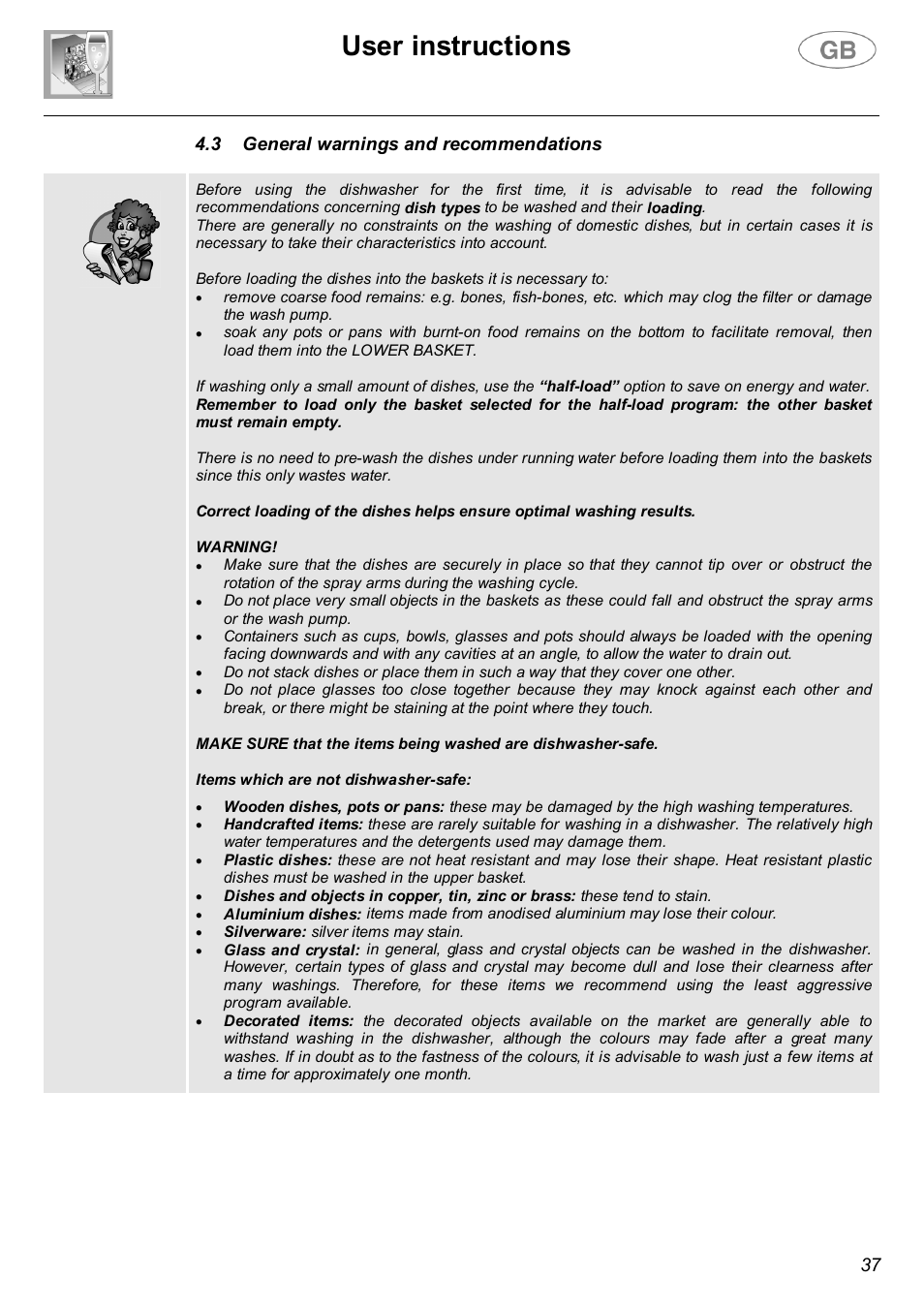 User instructions | Smeg DWF66WH User Manual | Page 16 / 27