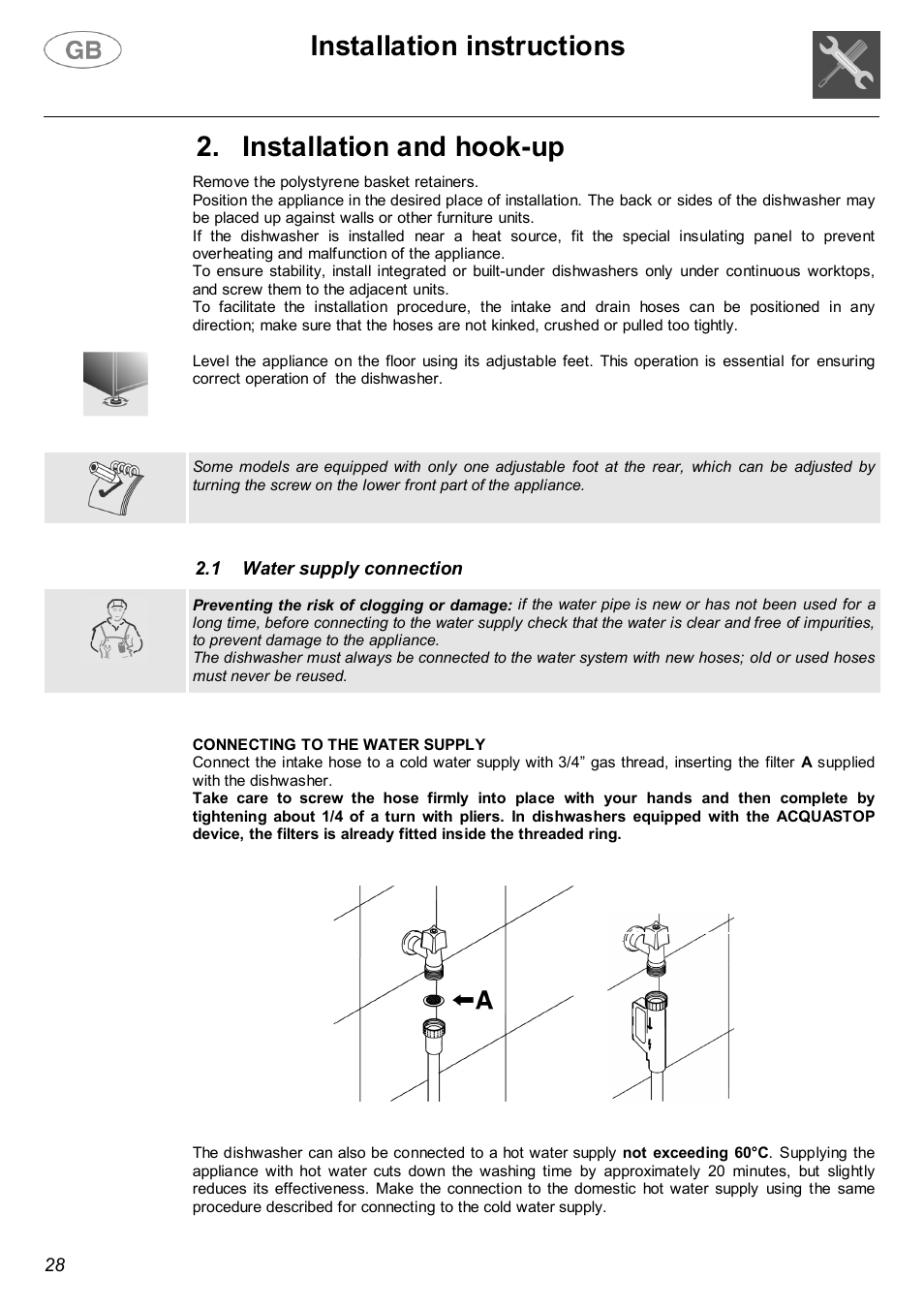 Installation instructions, Installation and hook-up | Smeg DWF66WH User Manual | Page 5 / 27