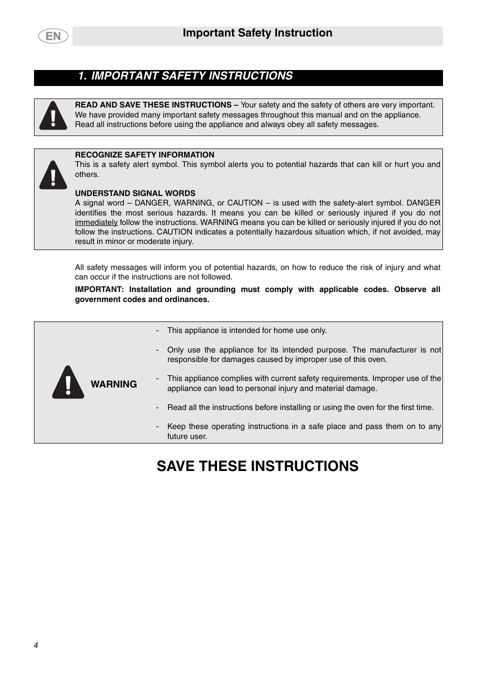 Important safety instructions, Save these instructions, Important safety instruction | Smeg SCP160XU User Manual | Page 2 / 6