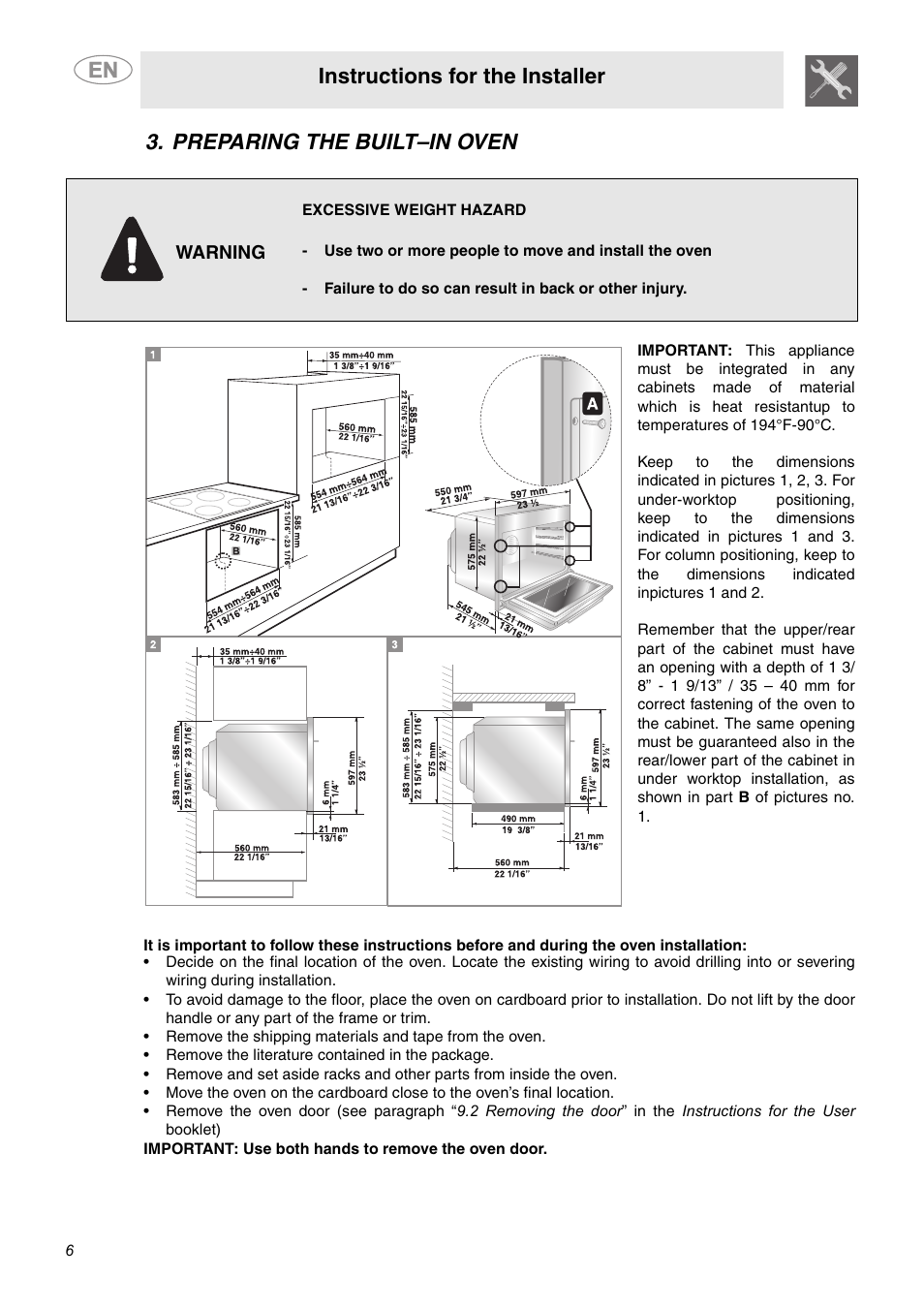 Preparing the built–in oven, Instructions for the installer | Smeg SCP160XU User Manual | Page 4 / 6