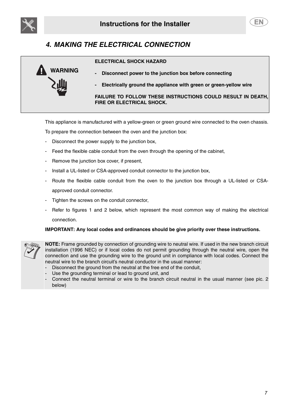 Making the electrical connection, Instructions for the installer | Smeg SCP160XU User Manual | Page 5 / 6