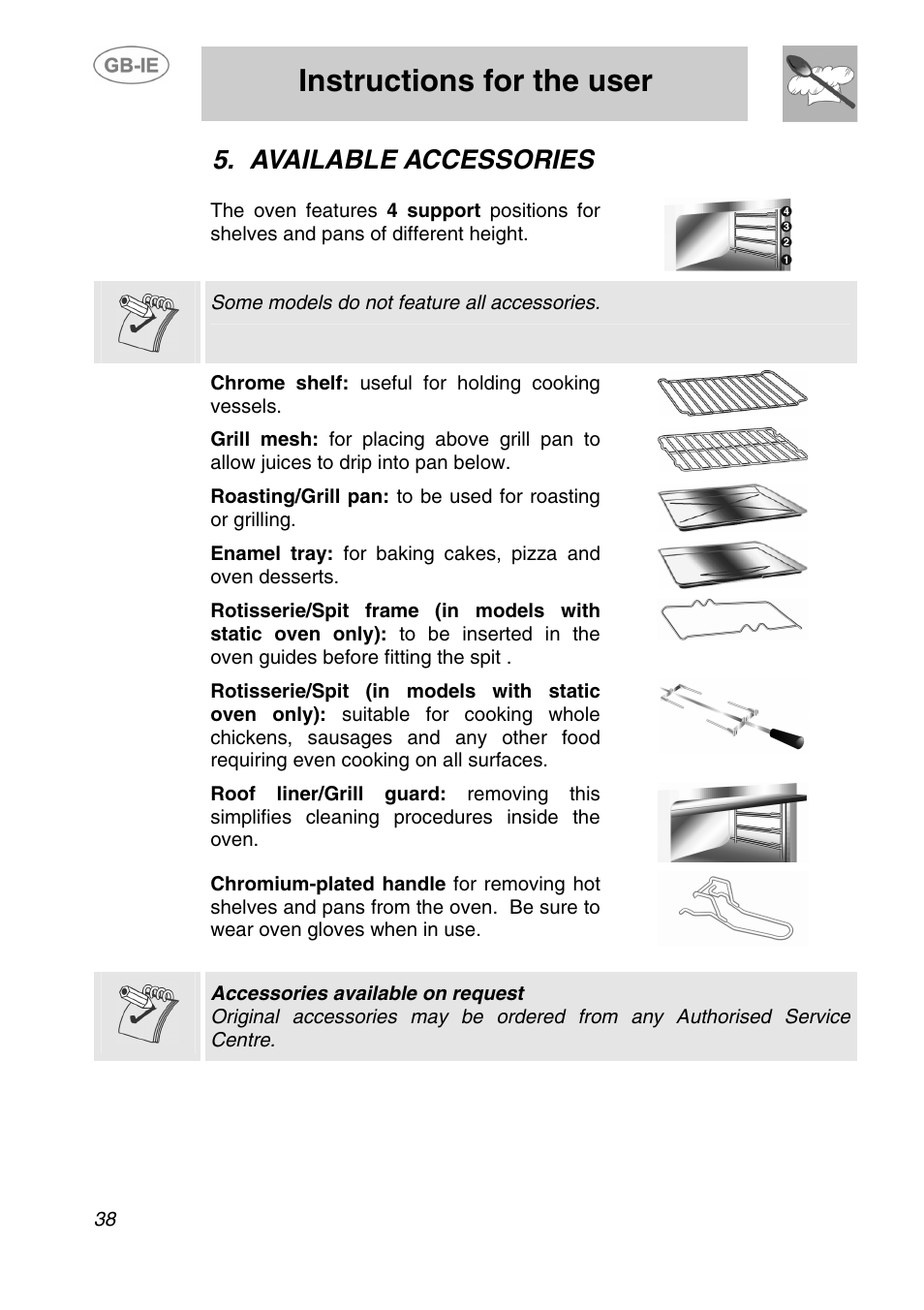 Available accessories, Instructions for the user, Some models do not feature all accessories | Chrome shelf: useful for holding cooking vessels | Smeg AP320X User Manual | Page 13 / 23