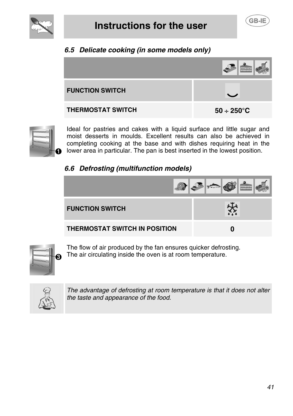 5 delicate cooking (in some models only), 6 defrosting (multifunction models), Instructions for the user | Function switch, Thermostat switch, Thermostat switch in position | Smeg AP320X User Manual | Page 16 / 23