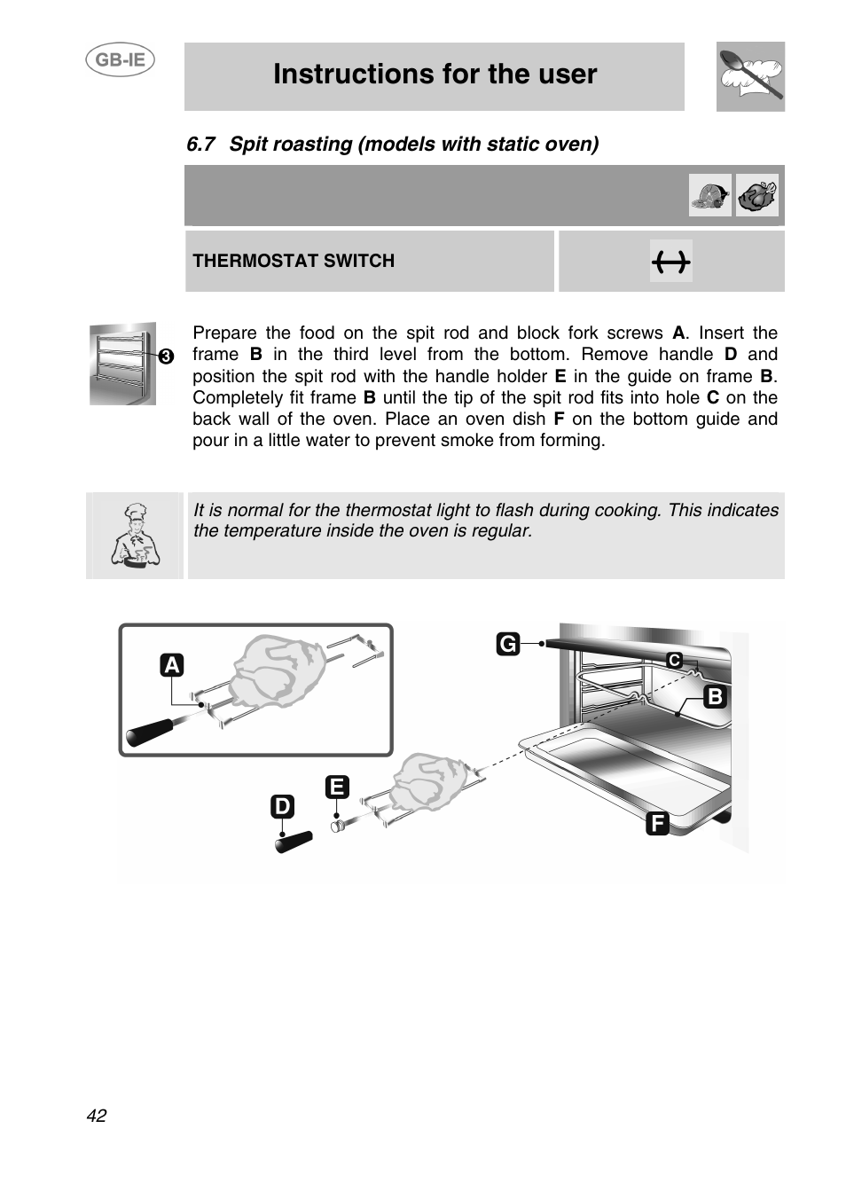 Spit roasting (models with static oven), Instructions for the user, 7 spit roasting (models with static oven) | Thermostat switch | Smeg AP320X User Manual | Page 17 / 23