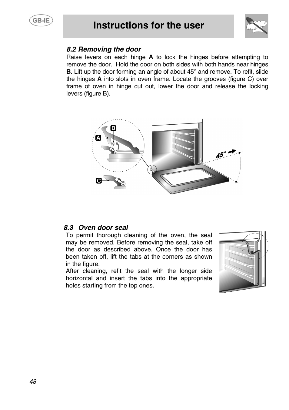 2 removing the door, 3 oven door seal, Instructions for the user | Smeg AP320X User Manual | Page 23 / 23