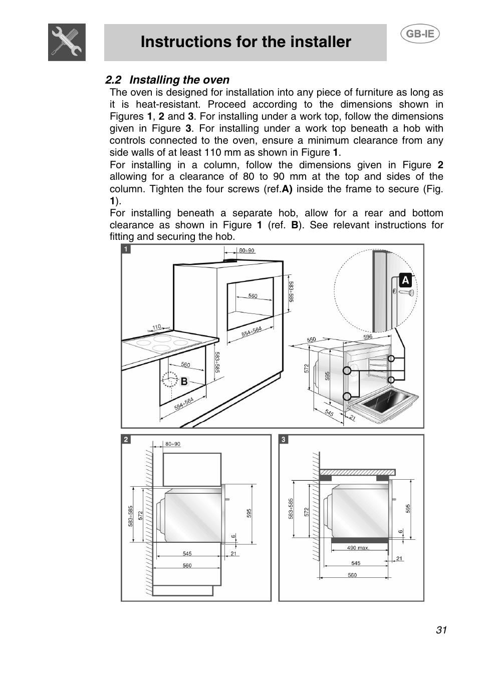 2 installing the oven, Instructions for the installer | Smeg AP320X User Manual | Page 6 / 23
