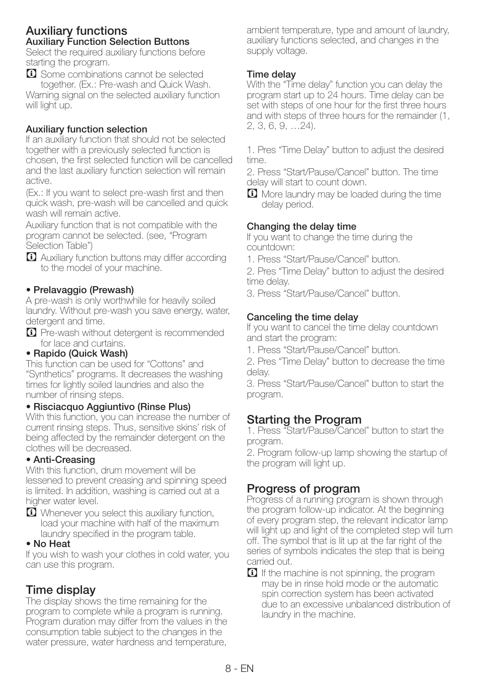 Auxiliary functions, Time display, Starting the program | Progress of program | Smeg LAVATRICE LBS108F User Manual | Page 8 / 12